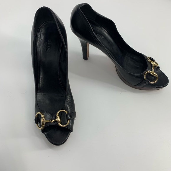 Gucci Shoes - GUCCI black peep toe horsebit platform heels